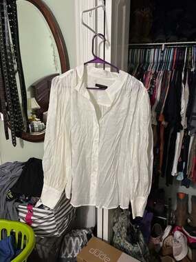 Banana Republic White Ramie Puff-Sleeve Band-Collar Blouse, Size XL